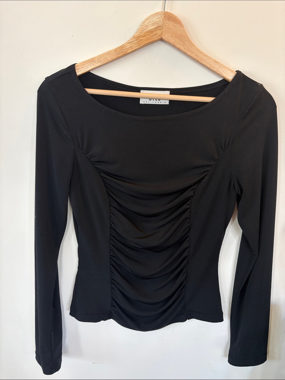 Ruffled Front Black Slinky Long-Sleeve Women's Top